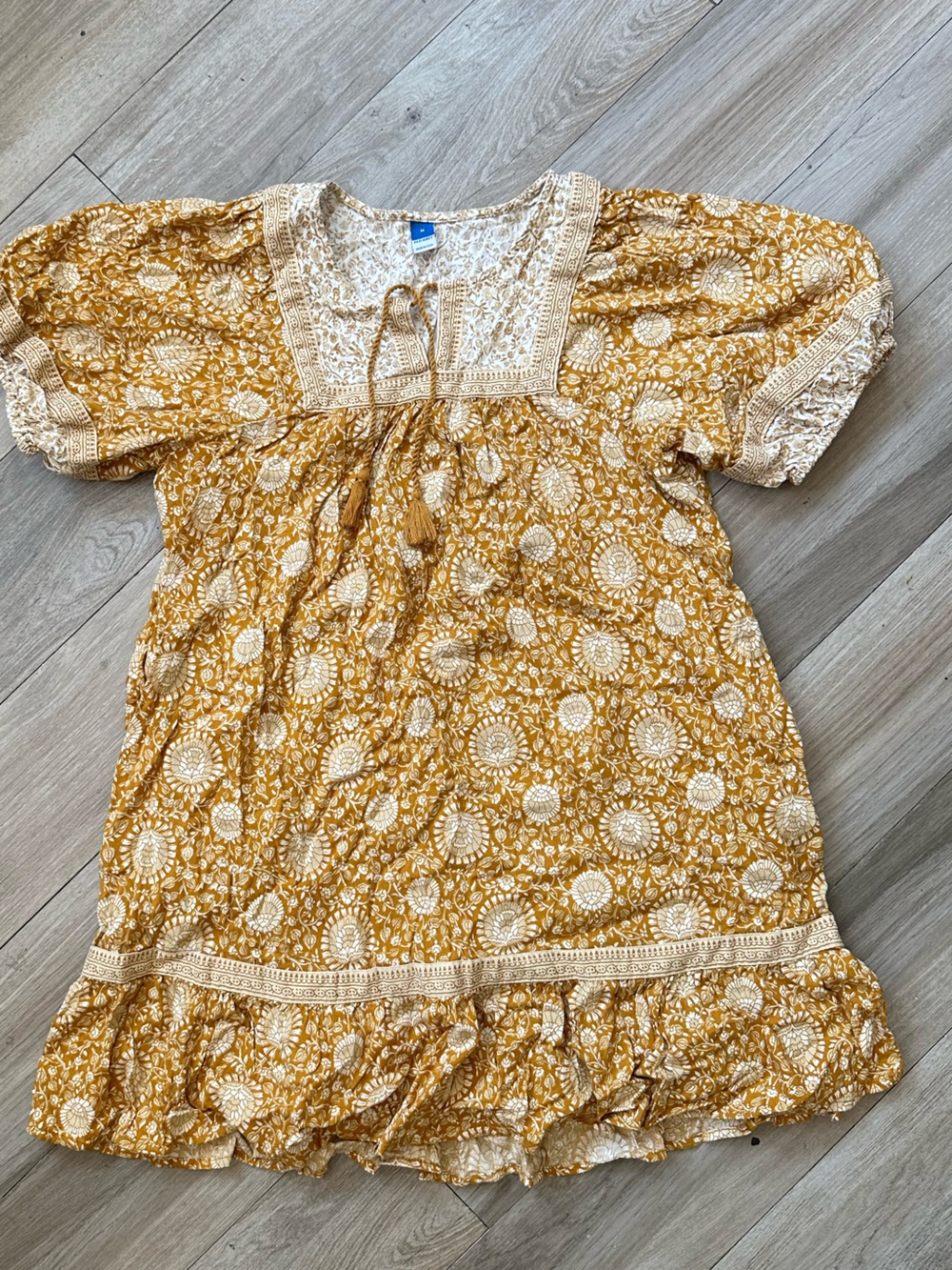 Boho Mustard Floral Lace Trim Peasant Dress